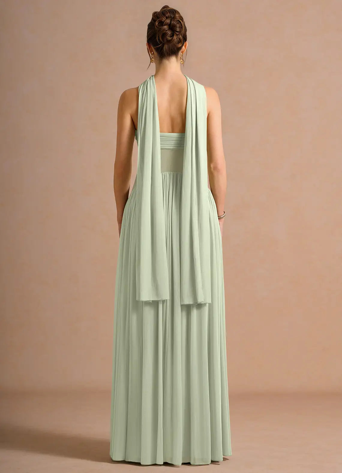 Sage Thin Spaghetti Strap Twist Bust Convertible Scarf Chiffon Maxi Bridesmaid Dress
