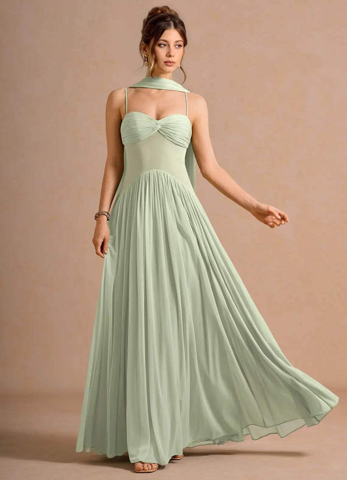 Sage Thin Spaghetti Strap Twist Bust Convertible Scarf Chiffon Maxi Bridesmaid Dress