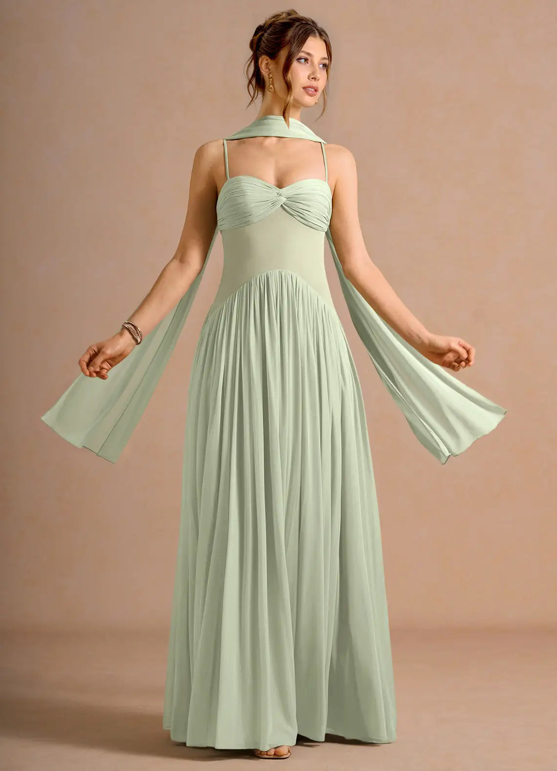 Sage Thin Spaghetti Strap Twist Bust Convertible Scarf Chiffon Maxi Bridesmaid Dress