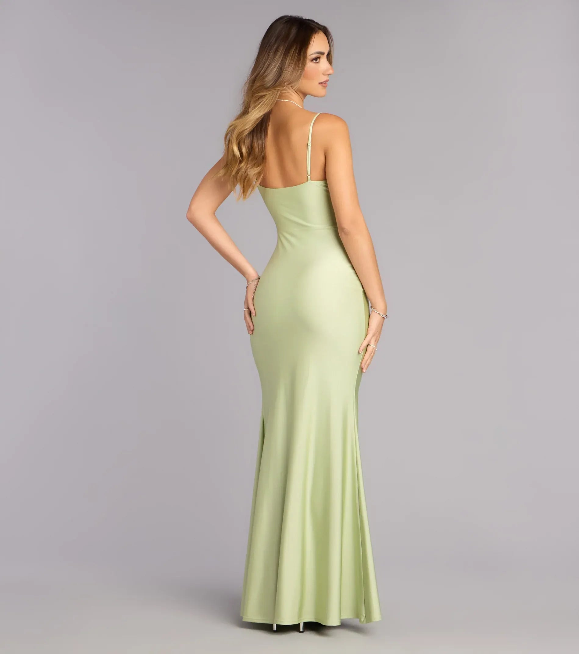 Sage Thin Spaghetti Strap Twist Bust High Slit Plain Back Satin Mermaid Maxi Wedding Guest Dress