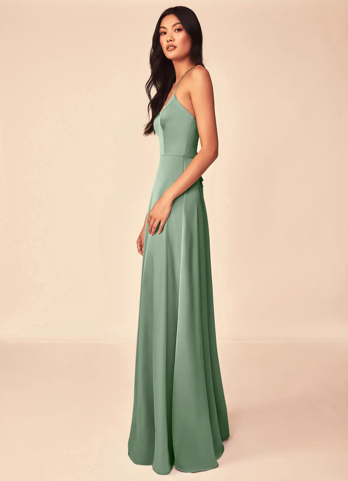 Sage Thin Spaghetti Strap V Neck Crisscross Lace Up Back A Line Satin Maxi Bridesmaid Dress