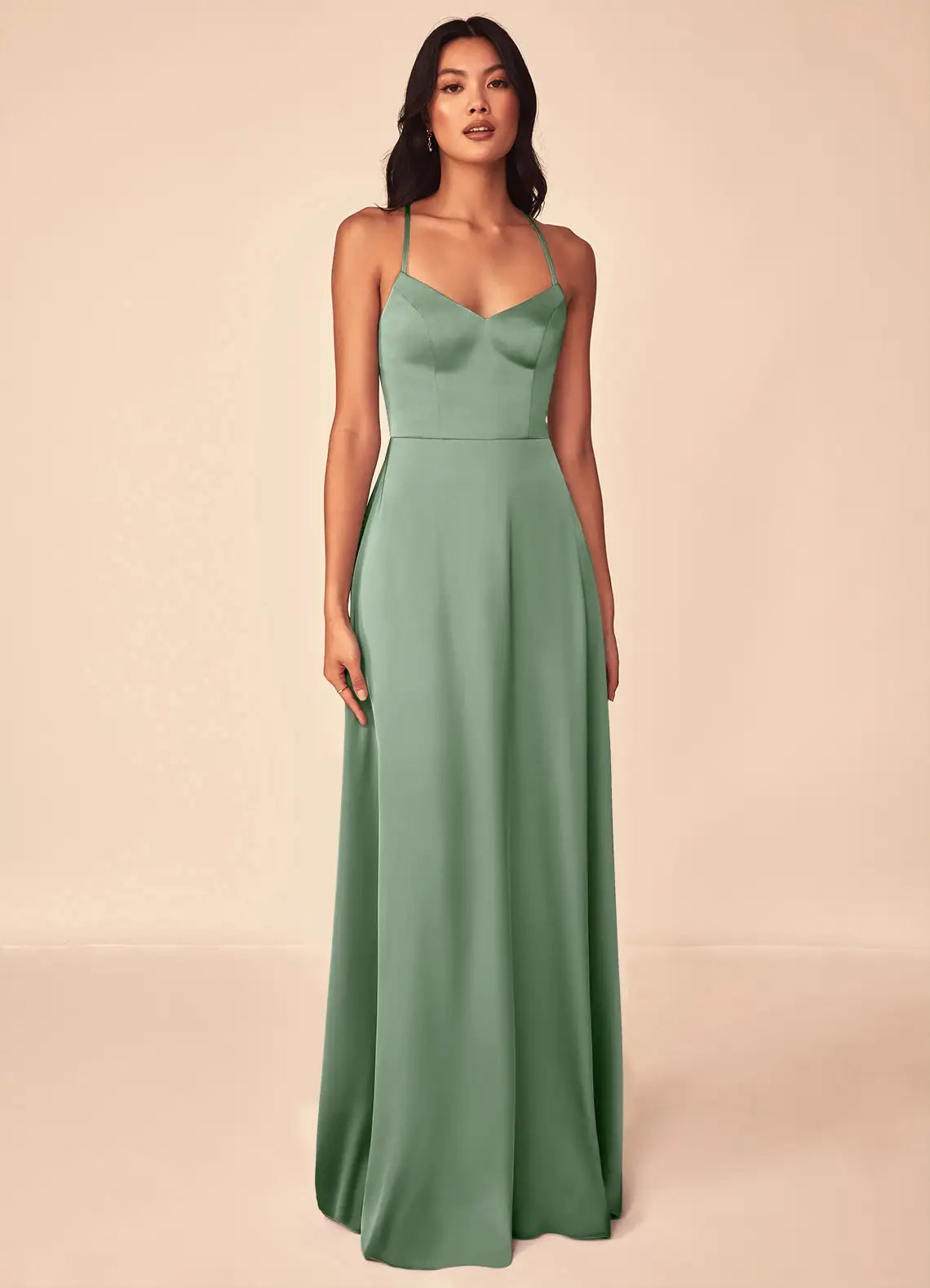 Sage Thin Spaghetti Strap V Neck Crisscross Lace Up Back A Line Satin Maxi Bridesmaid Dress