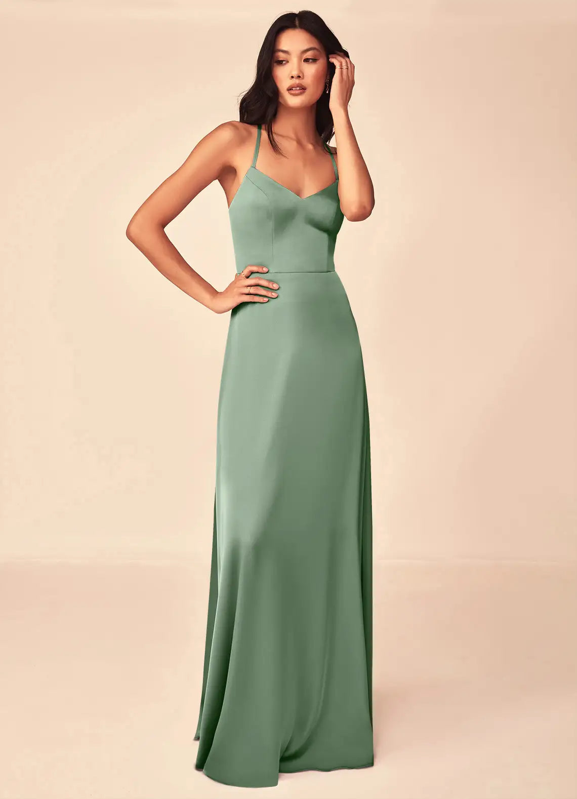 Sage Thin Spaghetti Strap V Neck Crisscross Lace Up Back A Line Satin Maxi Bridesmaid Dress