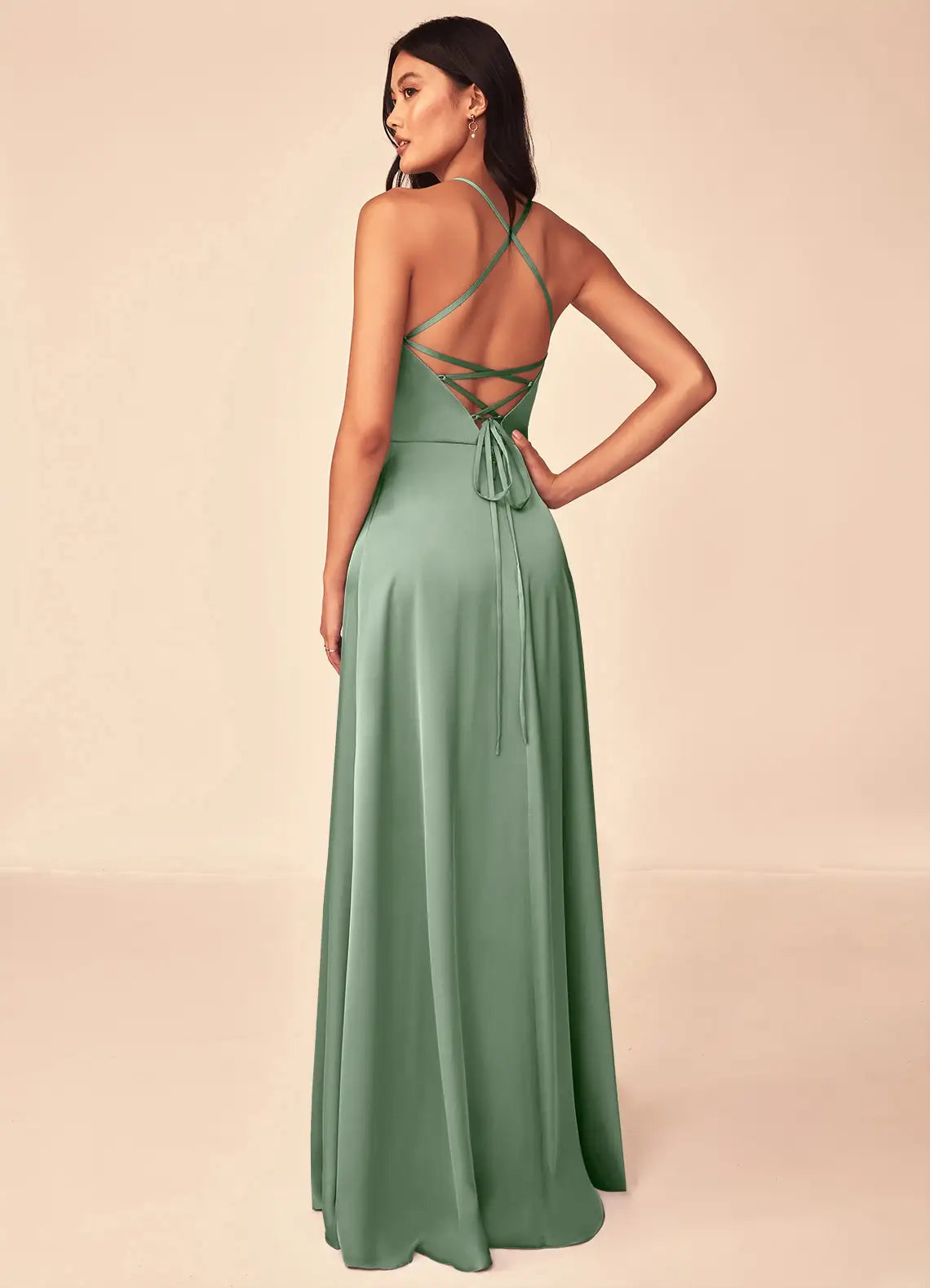 Sage Thin Spaghetti Strap V Neck Crisscross Lace Up Back A Line Satin Maxi Bridesmaid Dress