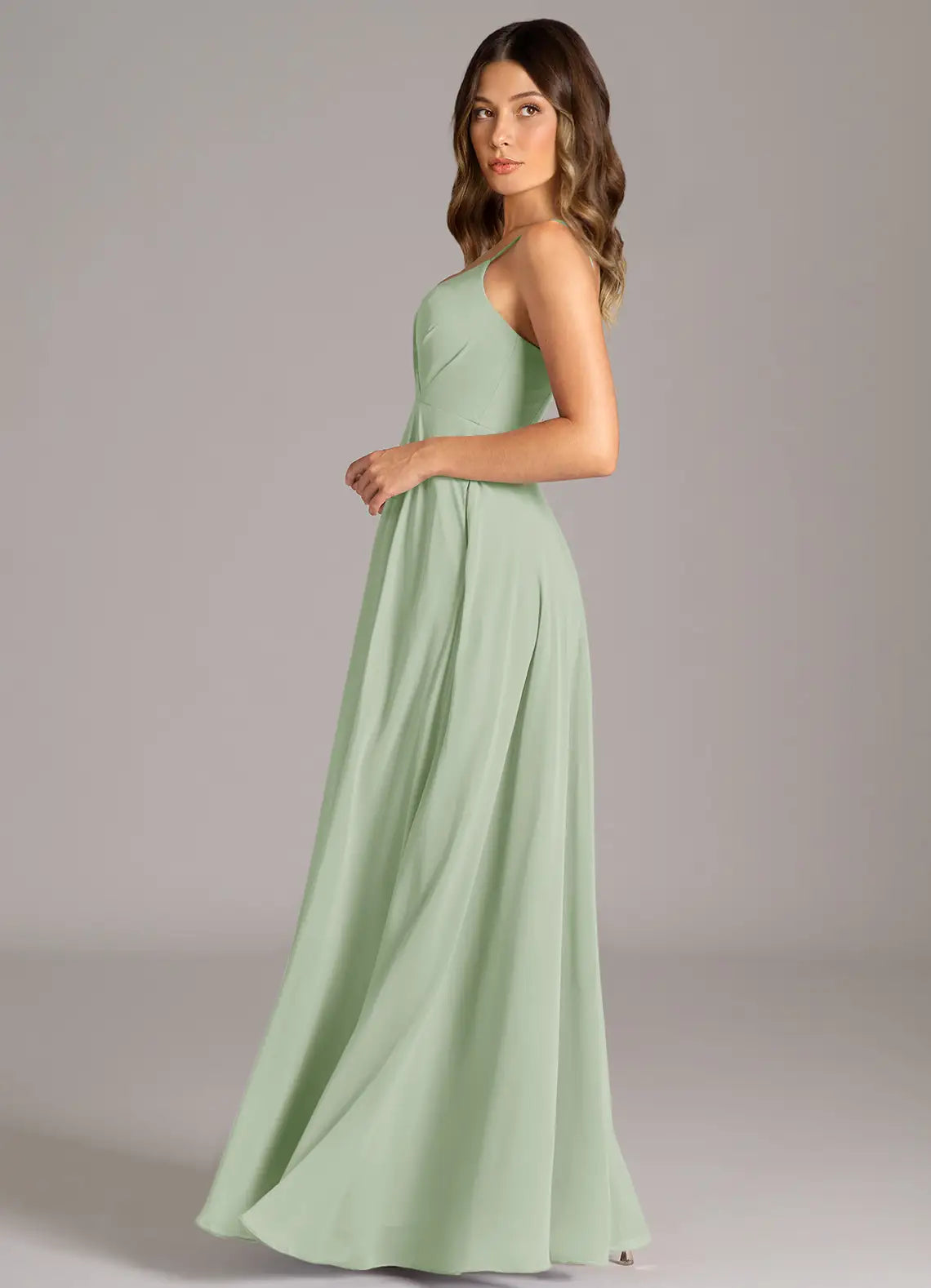 Sage Thin Spaghetti Strap V Neck Empire Waist A Line Chiffon Maxi Bridesmaid Dress