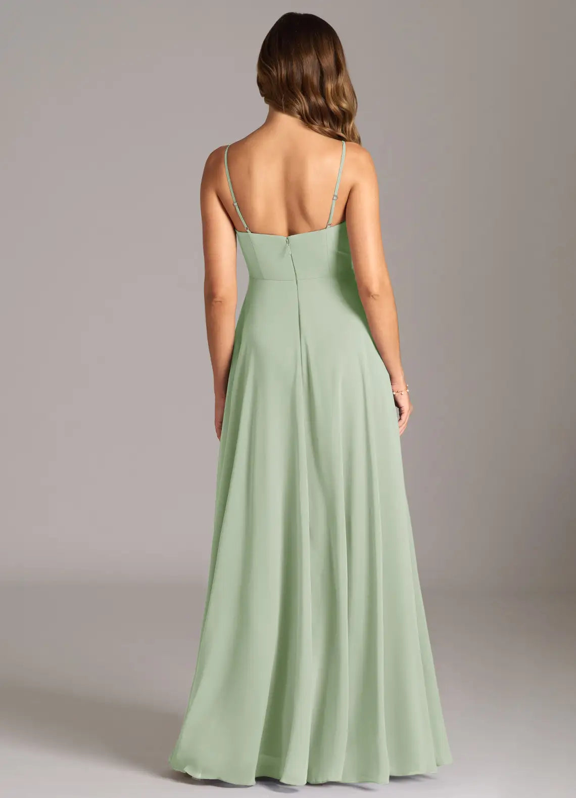 Sage Thin Spaghetti Strap V Neck Empire Waist A Line Chiffon Maxi Bridesmaid Dress