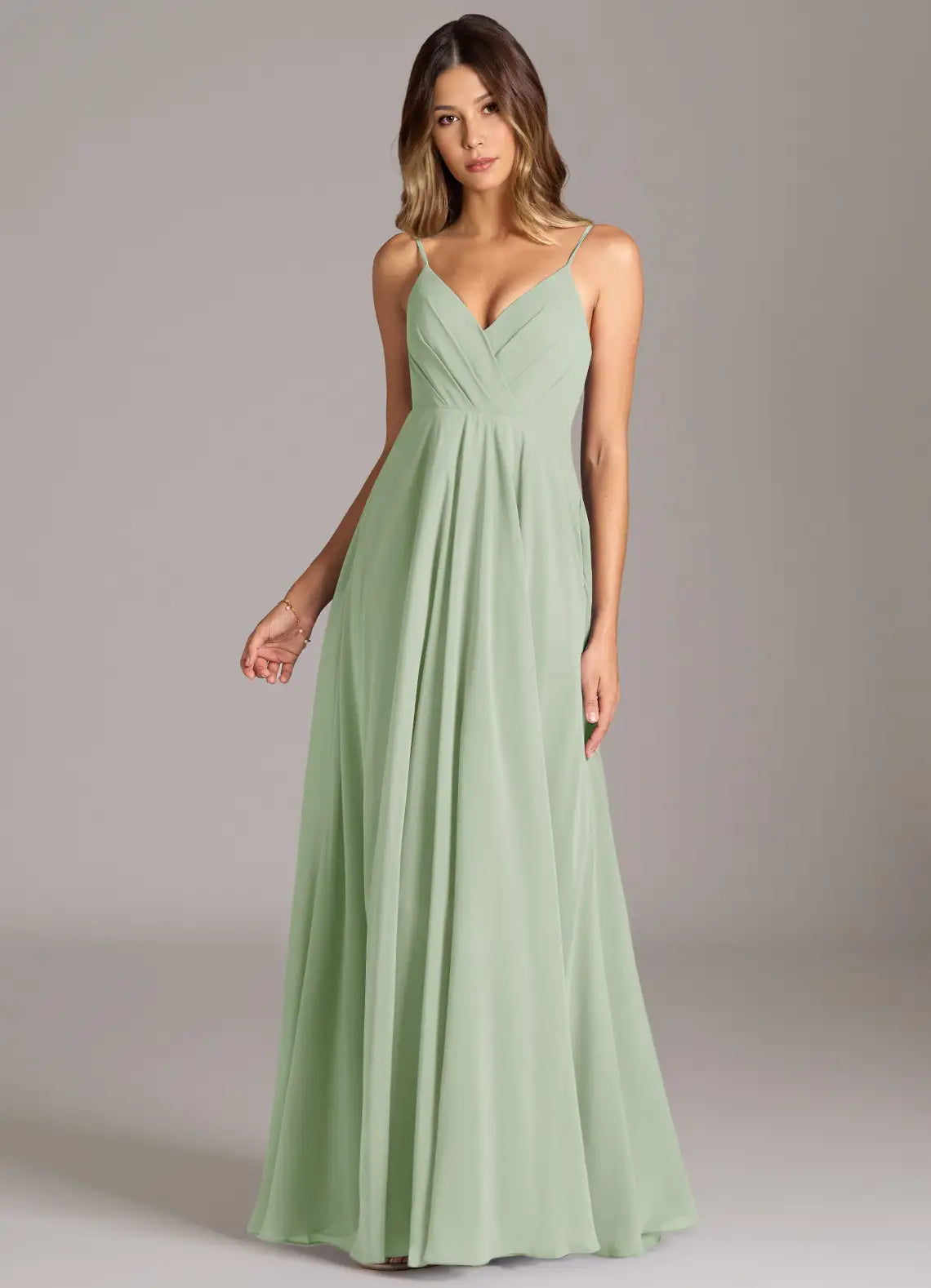 Sage Thin Spaghetti Strap V Neck Empire Waist A Line Chiffon Maxi Bridesmaid Dress