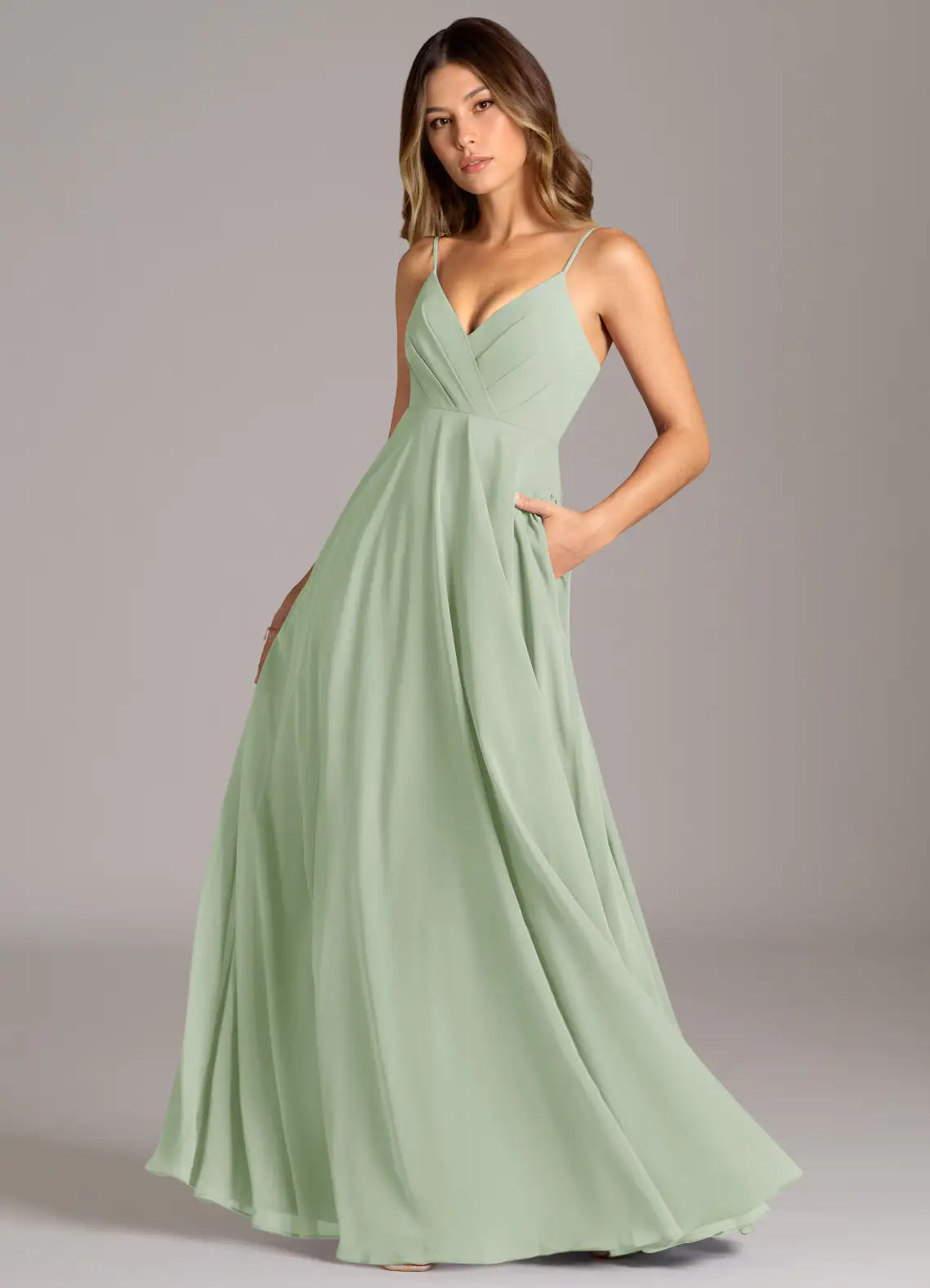 Sage Thin Spaghetti Strap V Neck Empire Waist A Line Chiffon Maxi Bridesmaid Dress