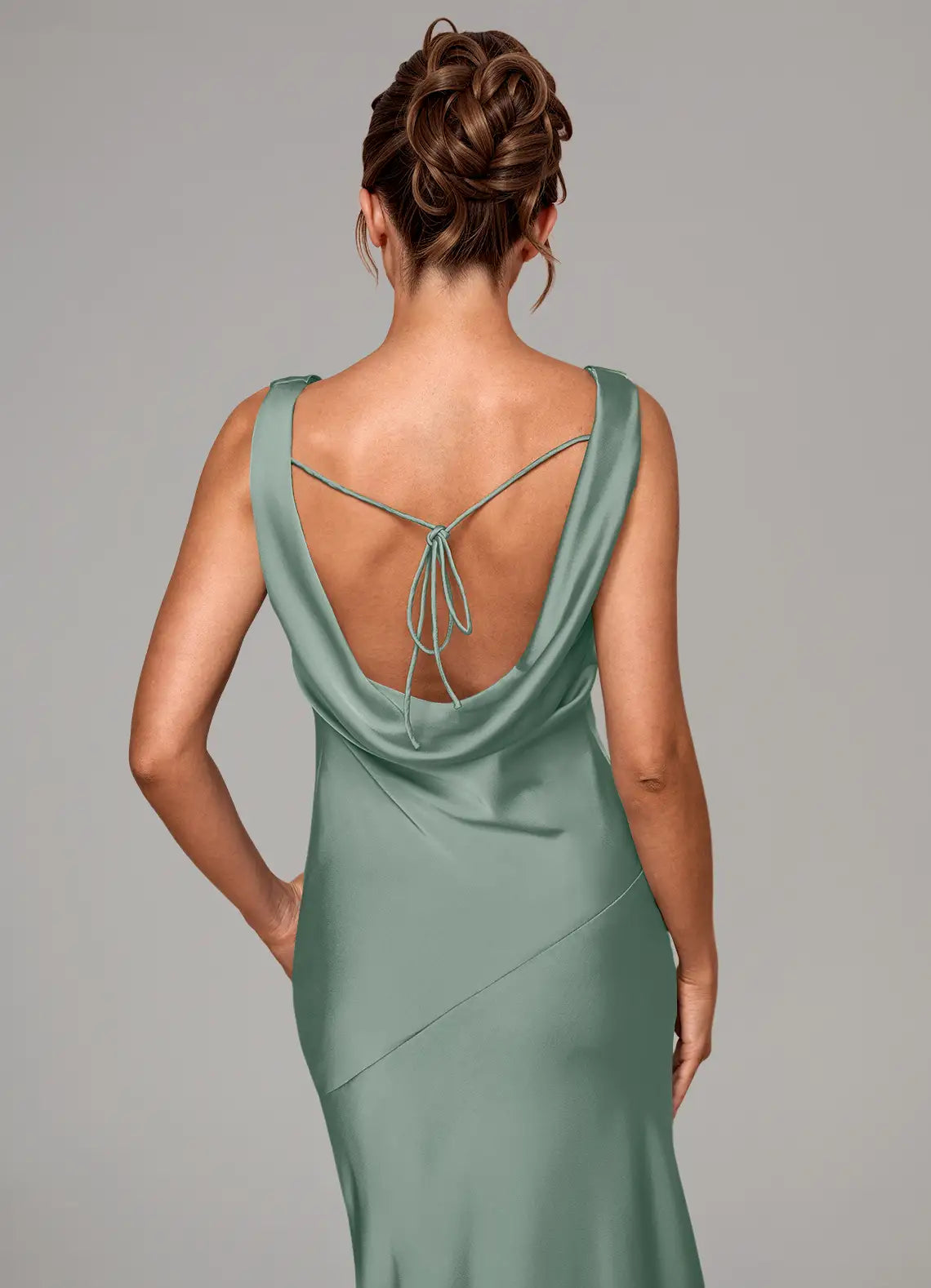 Sage Wide Strap Cowl Neck Tie Back Mermaid Satin Maxi Bridesmaid Dress