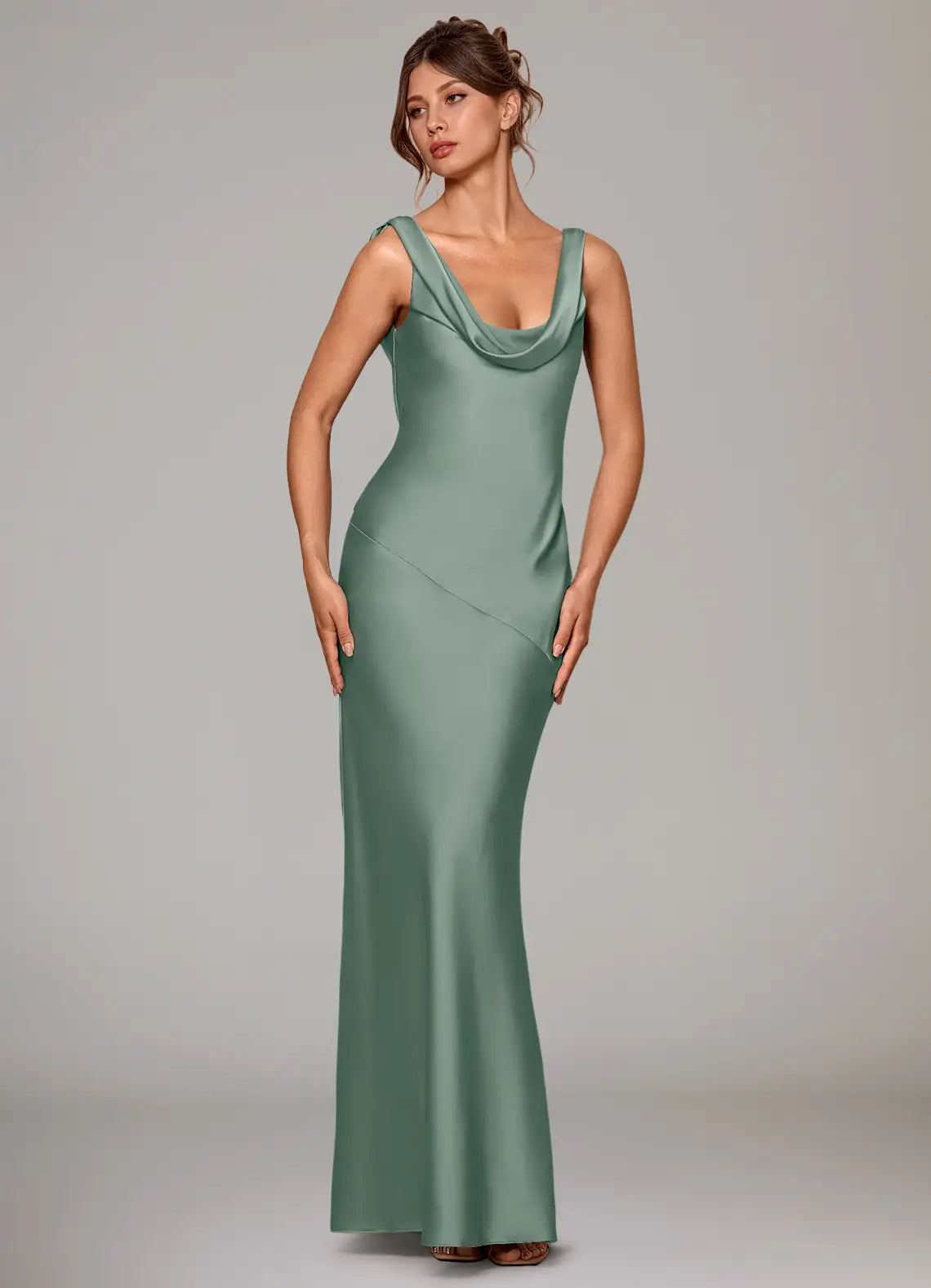 Sage Wide Strap Cowl Neck Tie Back Mermaid Satin Maxi Bridesmaid Dress