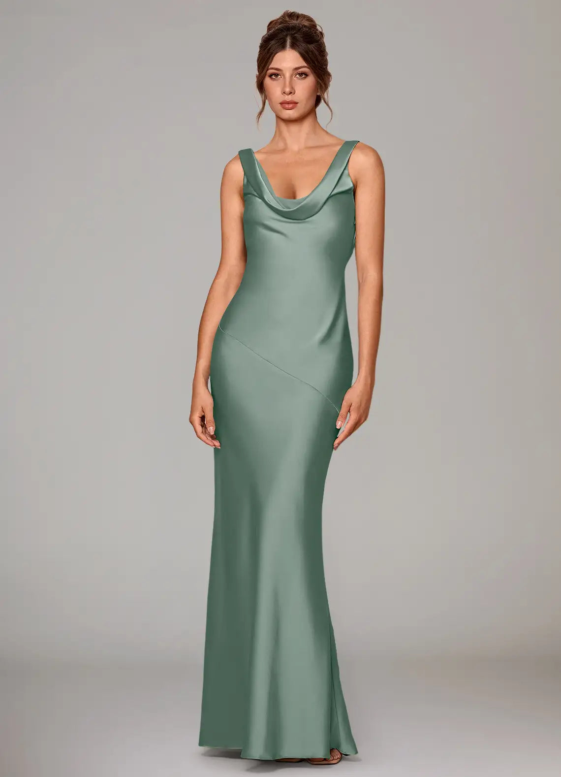 Sage Wide Strap Cowl Neck Tie Back Mermaid Satin Maxi Bridesmaid Dress