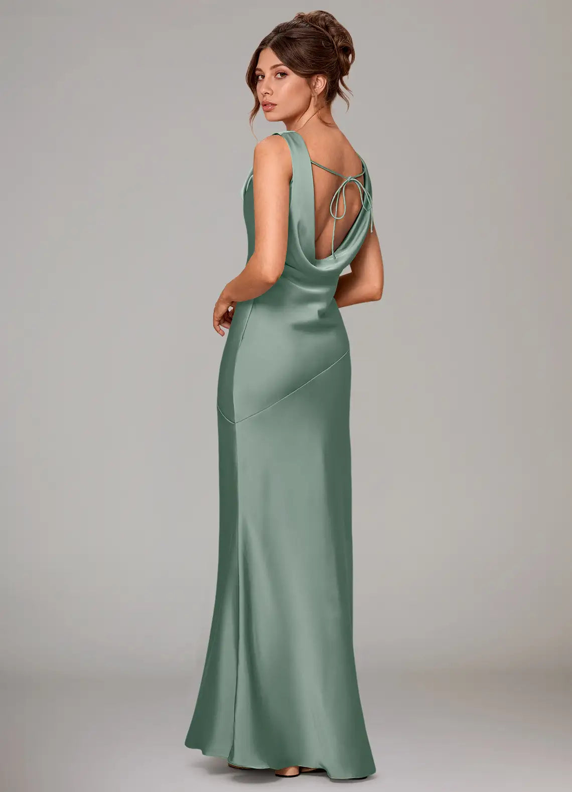 Sage Wide Strap Cowl Neck Tie Back Mermaid Satin Maxi Bridesmaid Dress