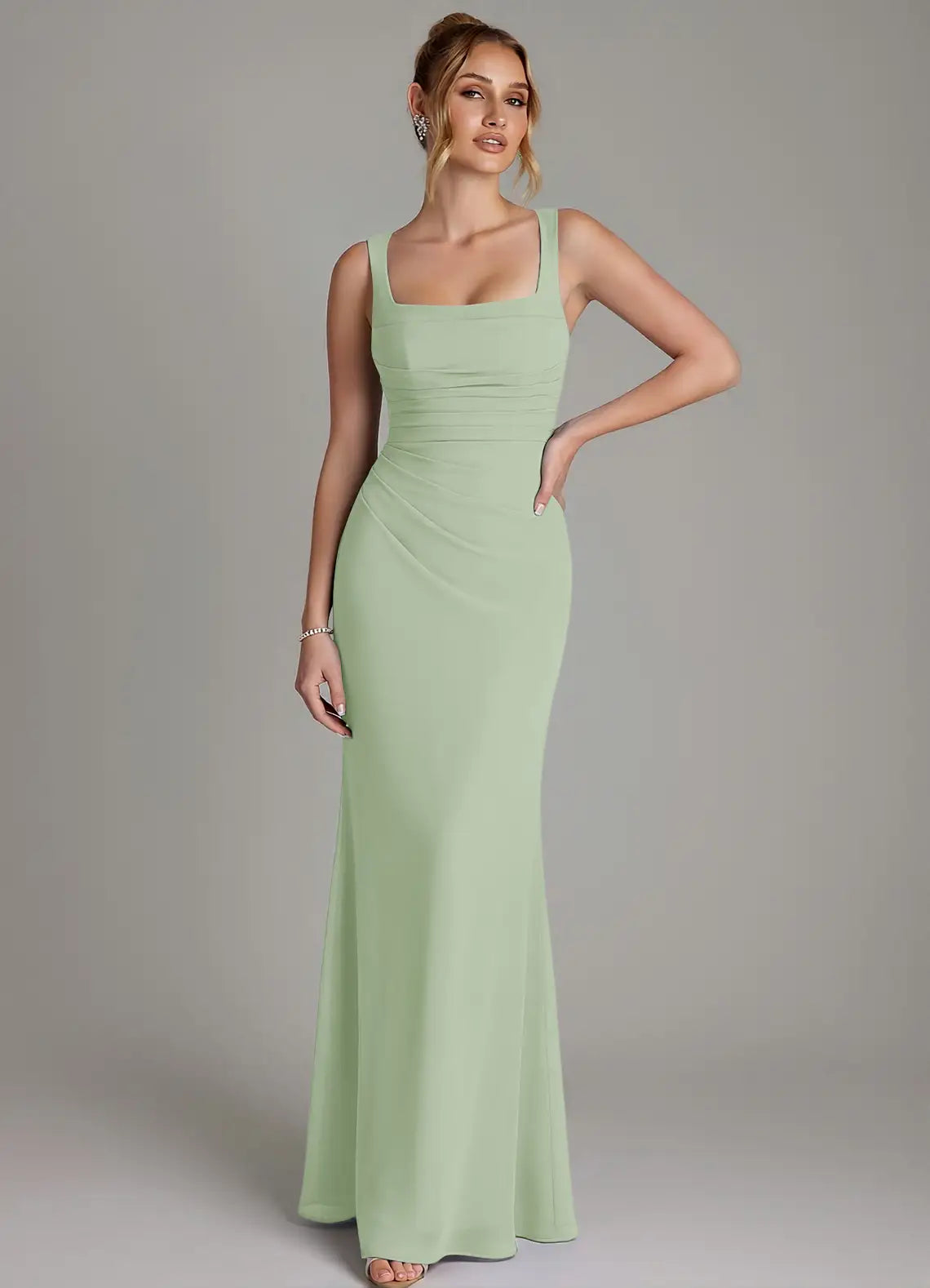 Sage Wide Strap Square Neck Ruched Corset Lace Up Mermaid Chiffon Maxi Bridesmaid Dress