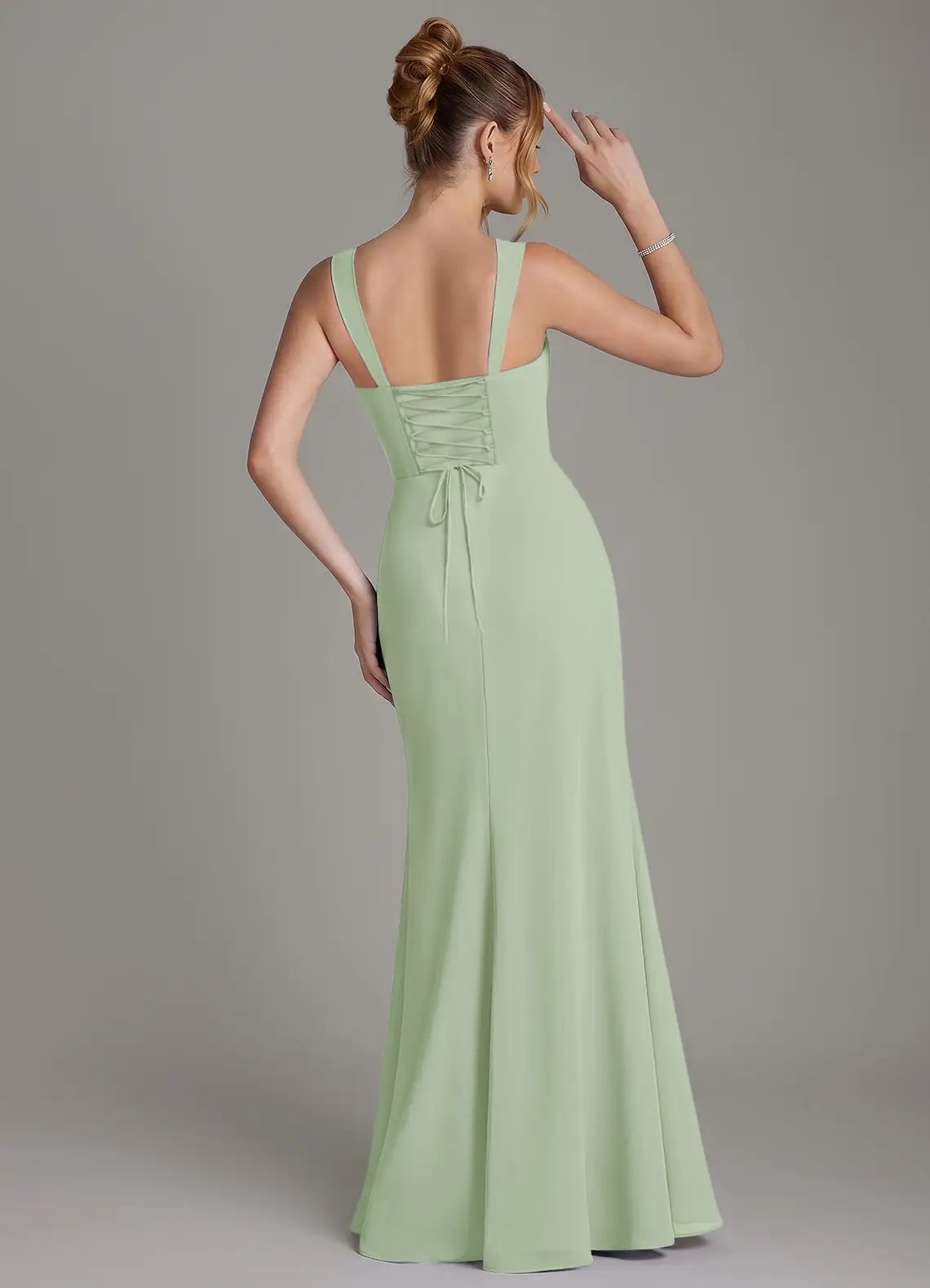 Sage Wide Strap Square Neck Ruched Corset Lace Up Mermaid Chiffon Maxi Bridesmaid Dress