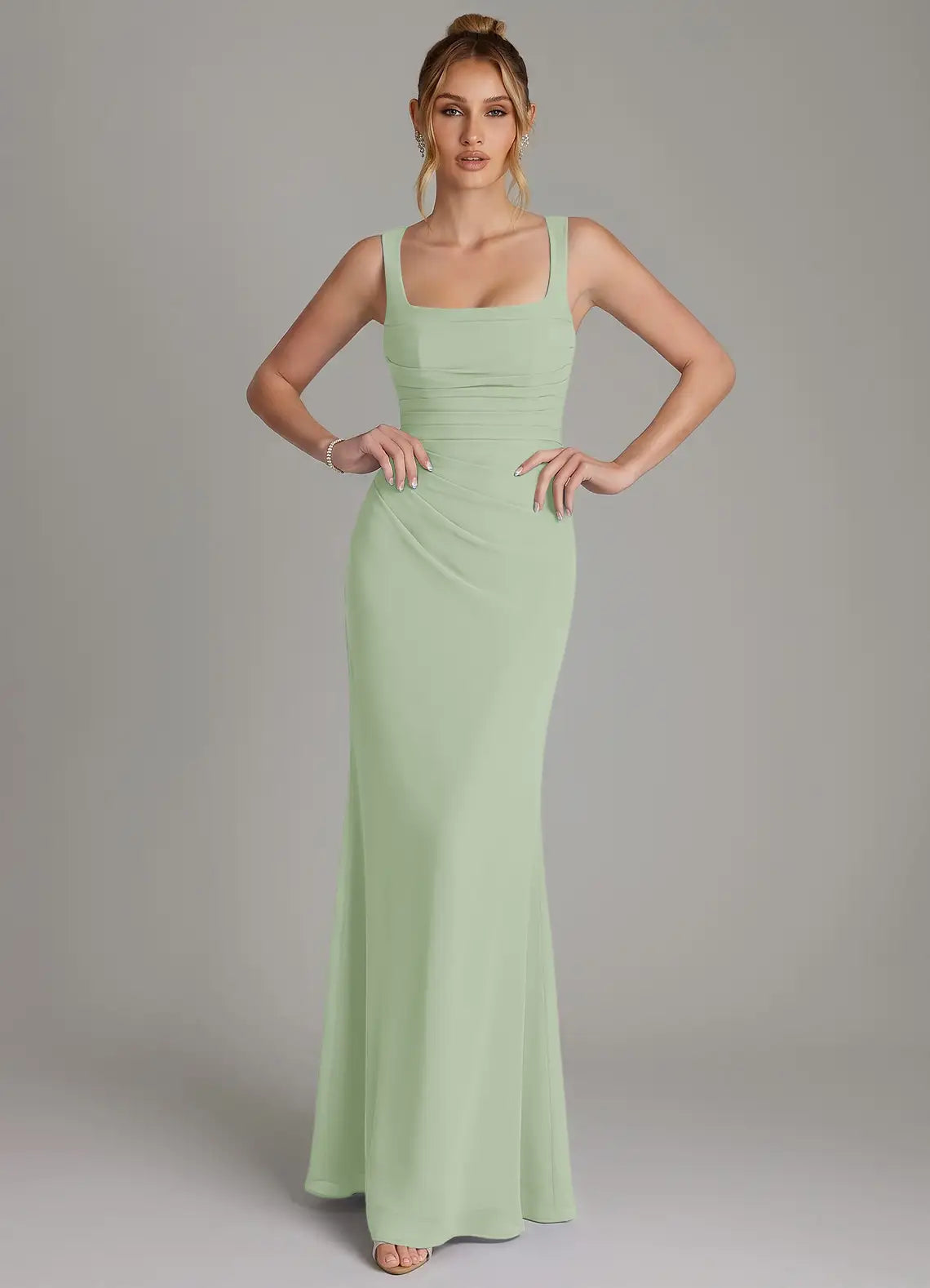 Sage Wide Strap Square Neck Ruched Corset Lace Up Mermaid Chiffon Maxi Bridesmaid Dress
