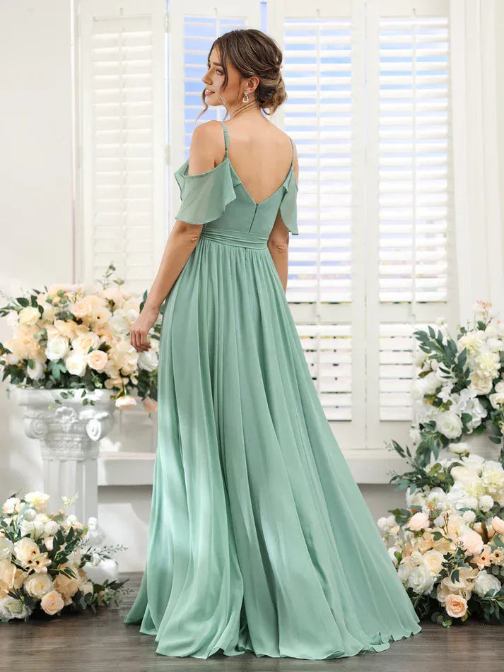 Sage‑Green Chiffon Cold‑Shoulder Ruffled Spaghetti‑Strap Tie‑Waist High‑Slit A‑Line Bridesmaid Dresses