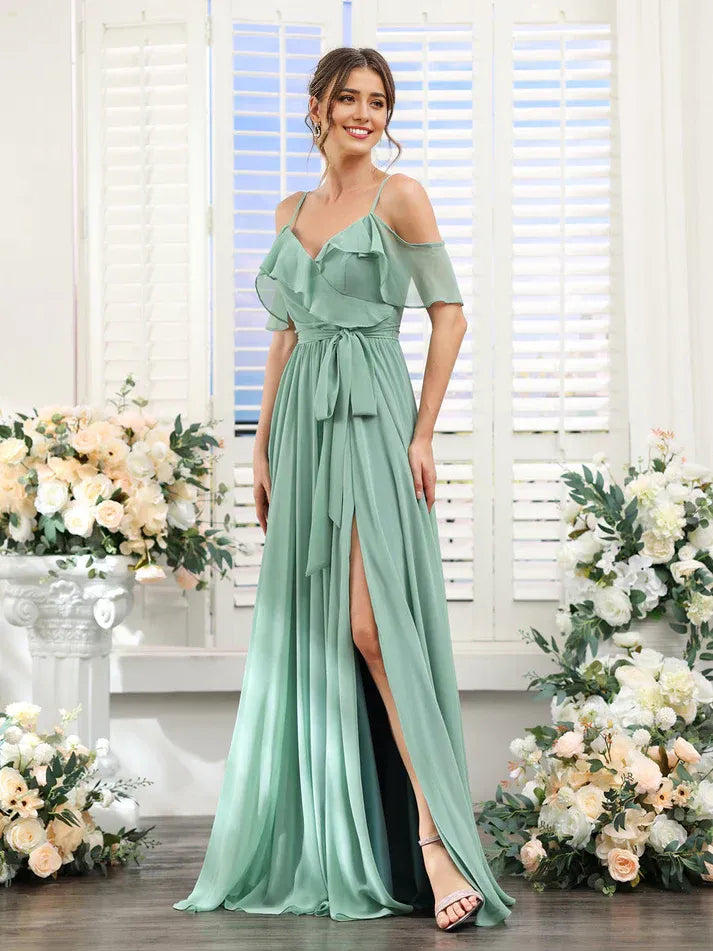 Sage‑Green Chiffon Cold‑Shoulder Ruffled Spaghetti‑Strap Tie‑Waist High‑Slit A‑Line Bridesmaid Dresses