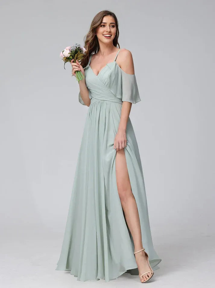 Sage‑Green Chiffon Cold‑Shoulder Short‑Ruffled‑Sleeve Lace‑Up High‑Slit A‑Line Bridesmaid Dresses