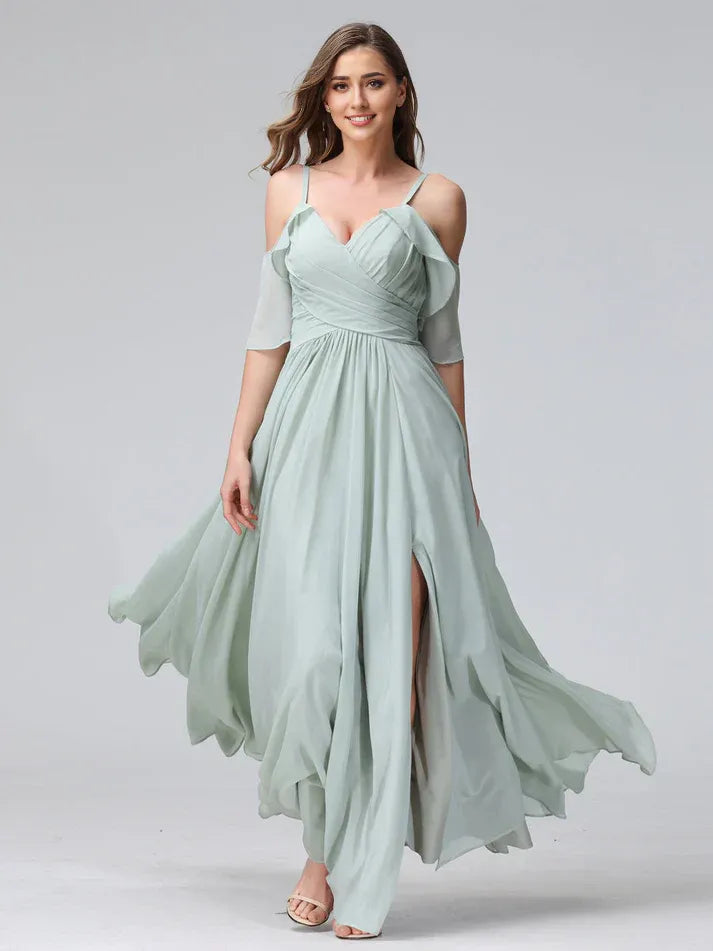 Sage‑Green Chiffon Cold‑Shoulder Short‑Ruffled‑Sleeve Lace‑Up High‑Slit A‑Line Bridesmaid Dresses