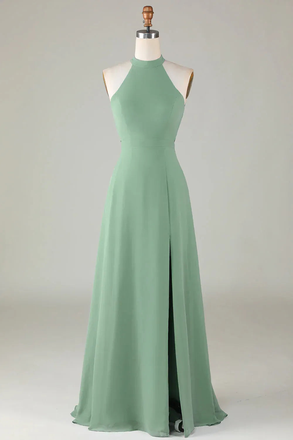 Sage‑Green Chiffon Halter‑Neck Crisscross‑Back High‑Slit A‑Line Bridesmaid Dresses