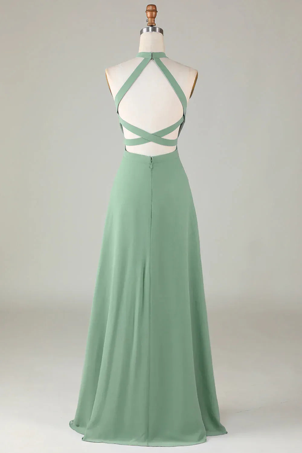 Sage‑Green Chiffon Halter‑Neck Crisscross‑Back High‑Slit A‑Line Bridesmaid Dresses