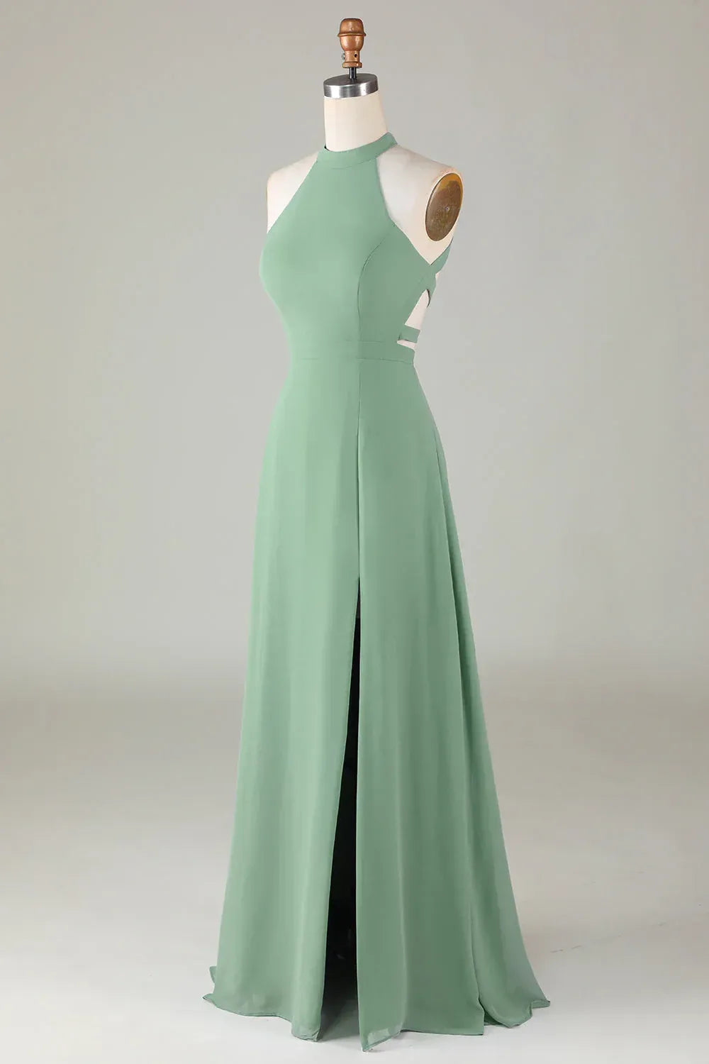 Sage‑Green Chiffon Halter‑Neck Crisscross‑Back High‑Slit A‑Line Bridesmaid Dresses