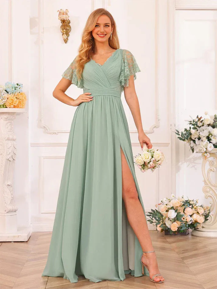 Sage‑Green Chiffon Lace‑Short‑Sleeve V‑Neck High‑Slit Empire‑Waist A‑Line Bridesmaid Dresses