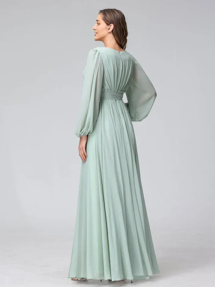 Sage‑Green Chiffon Long‑Puff‑Sleeve V‑Neck Tie‑Waist High‑Slit A‑Line Bridesmaid Dresses