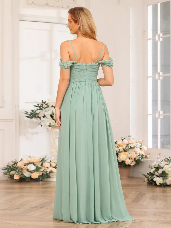 Sage‑Green Chiffon Off‑The‑Shoulder Lace‑Trim Empire‑Waist High‑Slit A‑Line Bridesmaid Dresses