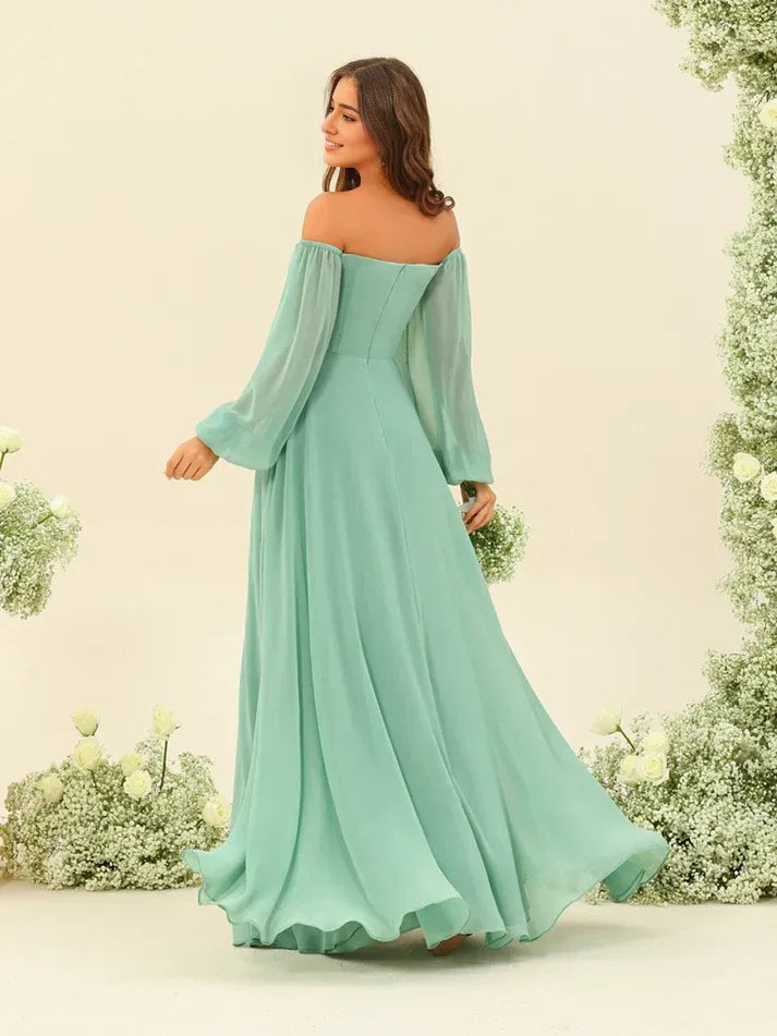 Sage‑Green Chiffon Off‑The‑Shoulder Long‑Puff‑Sleeve High‑Slit A‑Line Bridesmaid Dresses