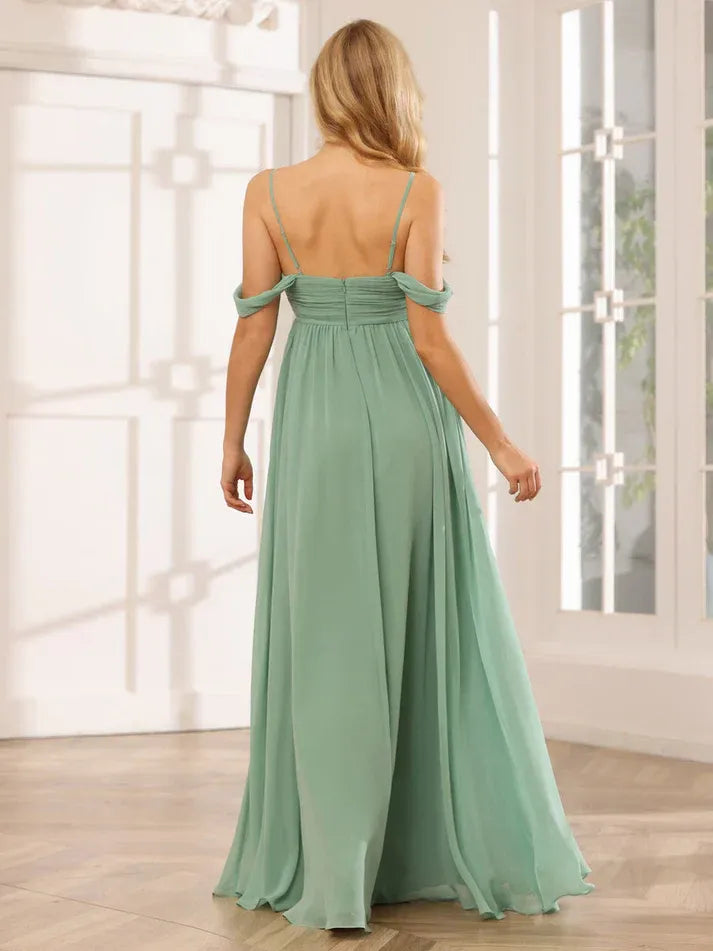Sage‑Green Chiffon Off‑The‑Shoulder Spaghetti‑Strap High‑Slit Empire‑Waist A‑Line Bridesmaid Dresses