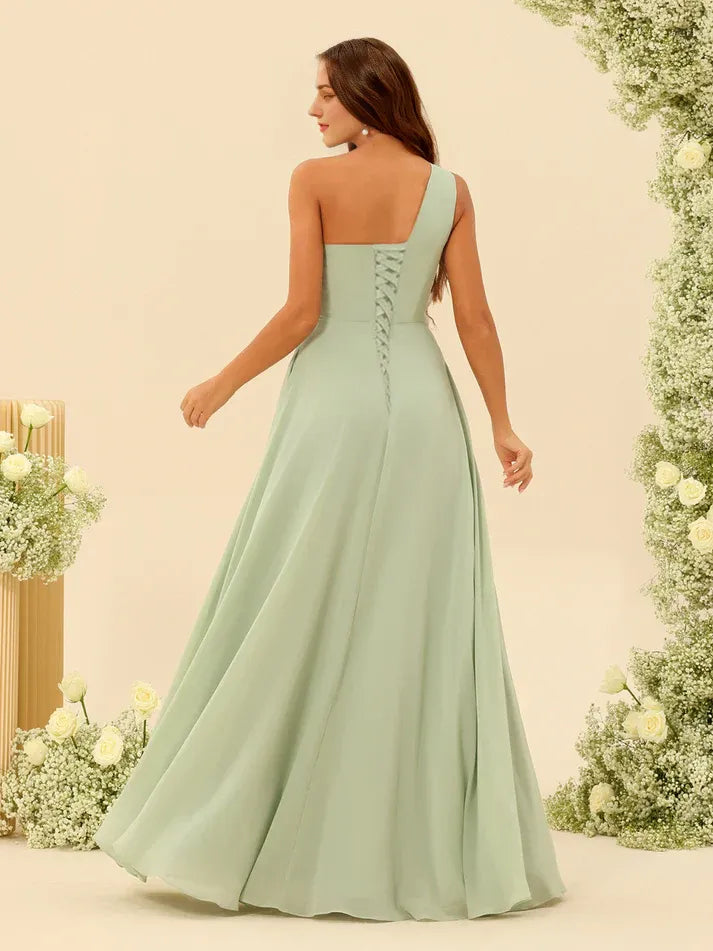 Sage‑Green Chiffon One‑Shoulder Cut‑Out Crisscross‑Lace‑Up High‑Slit A‑Line Bridesmaid Dresses