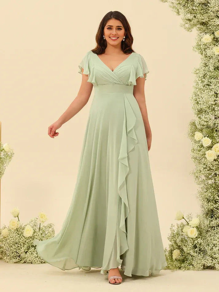 Sage‑Green Chiffon Short‑Flutter‑Sleeve Lace‑Up Ruffled High‑Slit A‑Line Bridesmaid Dresses