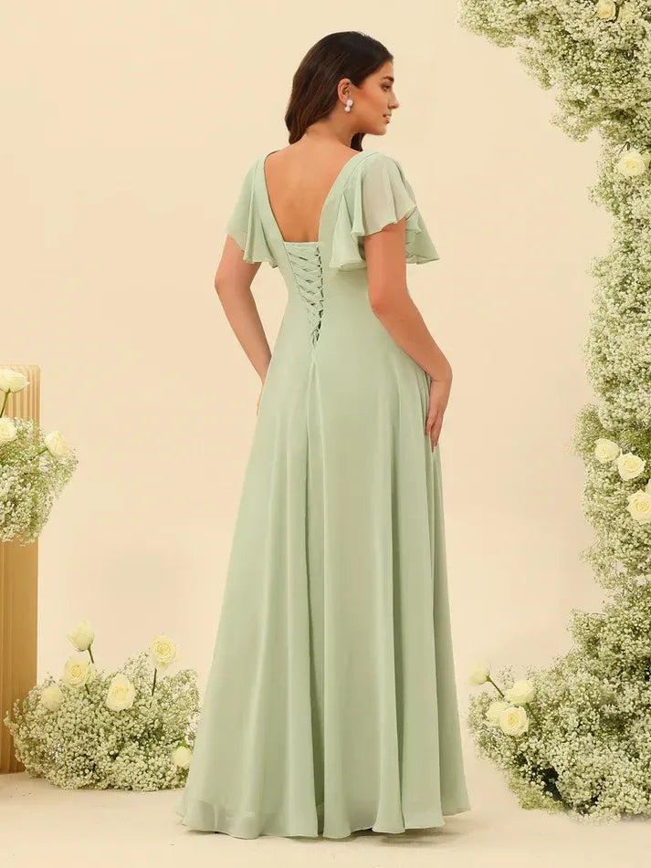 Sage‑Green Chiffon Short‑Flutter‑Sleeve Lace‑Up Ruffled High‑Slit A‑Line Bridesmaid Dresses