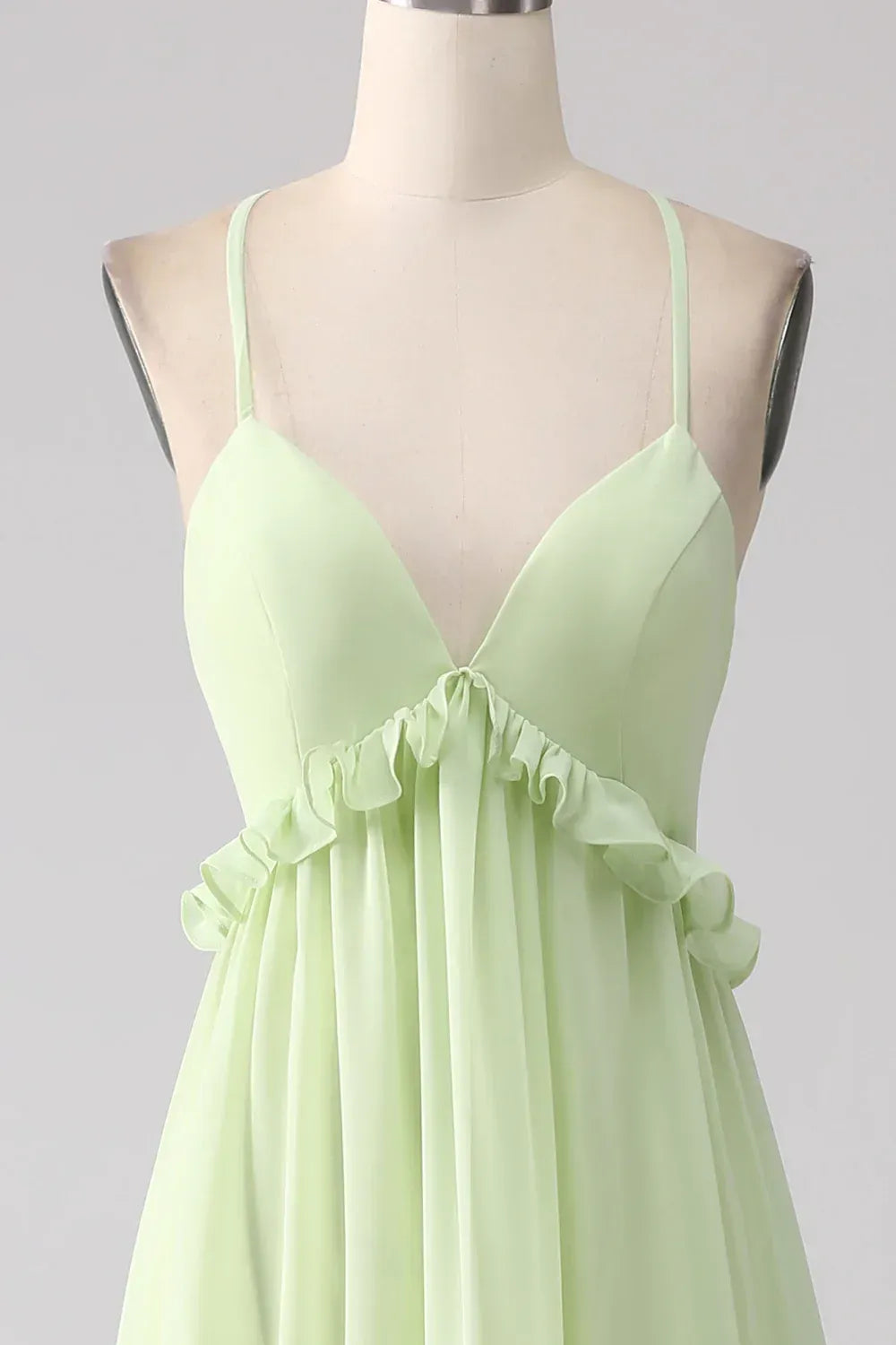 Sage‑Green Chiffon Spaghetti‑Strap Tiered‑Ruffle Crisscross‑Back A‑Line Bridesmaid Dresses