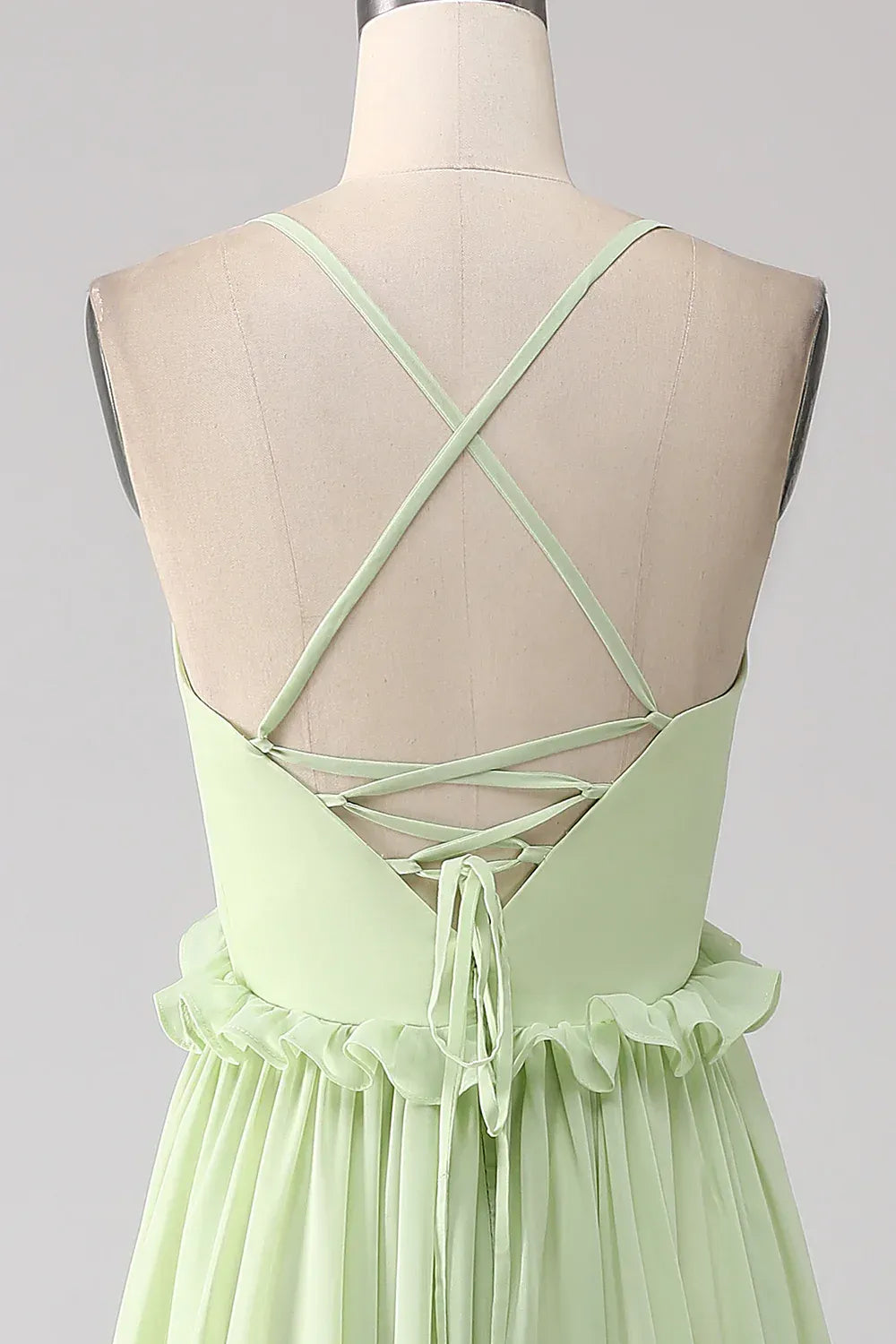 Sage‑Green Chiffon Spaghetti‑Strap Tiered‑Ruffle Crisscross‑Back A‑Line Bridesmaid Dresses