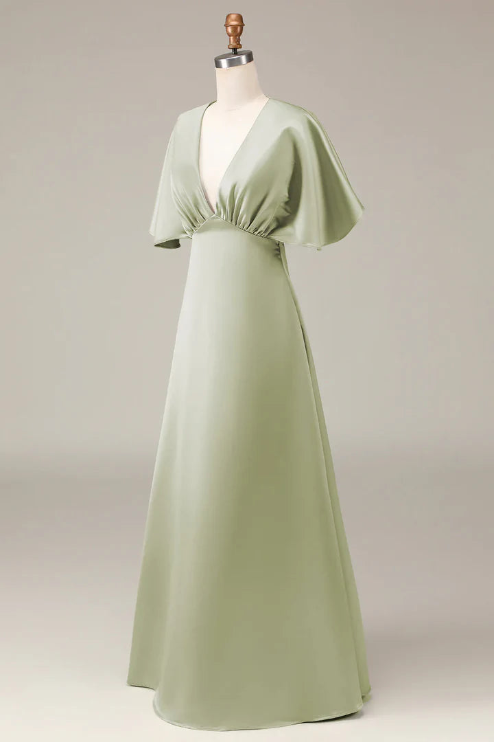 Sage‑Green Satin Flutter‑Short‑Sleeve Deep‑V‑Neck Empire‑Waist A‑Line Bridesmaid Dresses