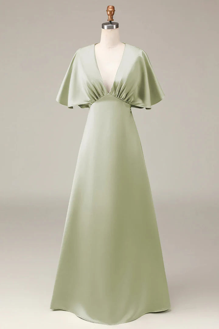 Sage‑Green Satin Flutter‑Short‑Sleeve Deep‑V‑Neck Empire‑Waist A‑Line Bridesmaid Dresses
