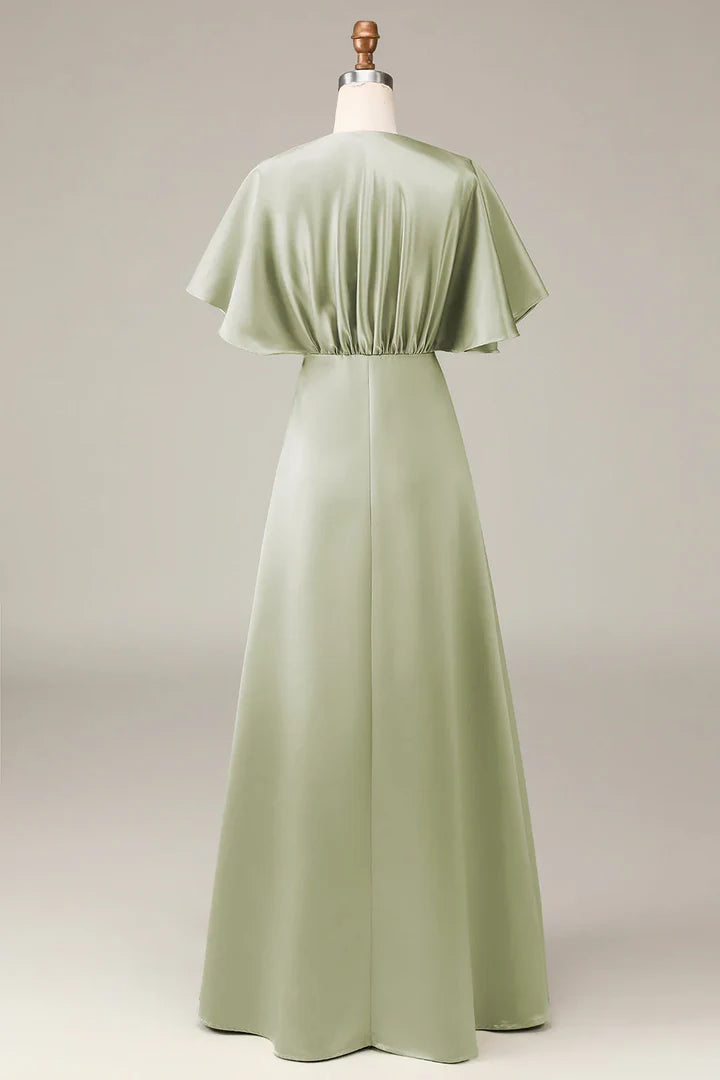 Sage‑Green Satin Flutter‑Short‑Sleeve Deep‑V‑Neck Empire‑Waist A‑Line Bridesmaid Dresses