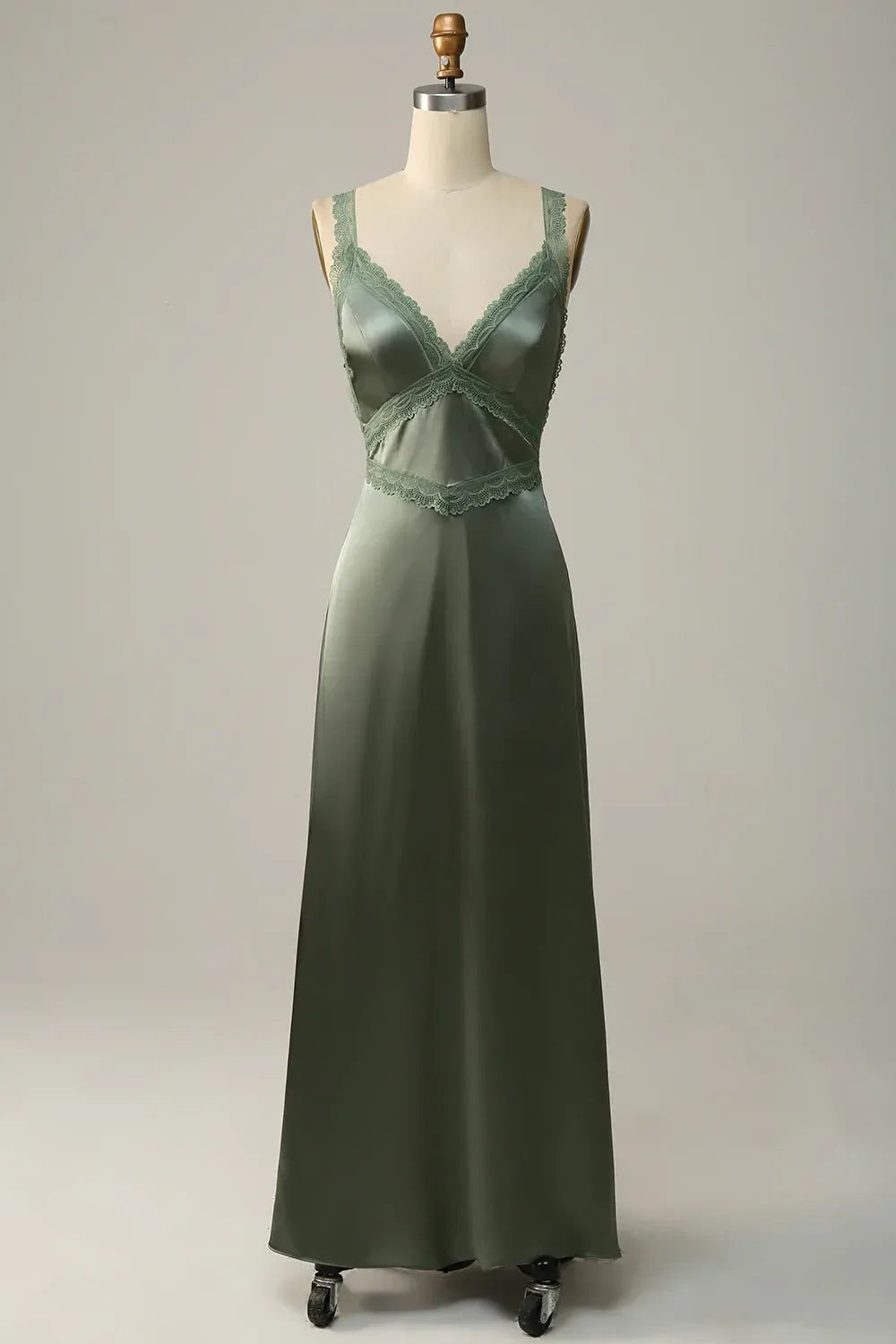 Sage‑Green Satin Lace‑Trim Spaghetti‑Strap Tie‑Back Mermaid Bridesmaid Dresses