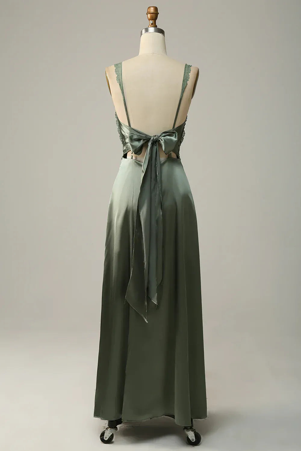 Sage‑Green Satin Lace‑Trim Spaghetti‑Strap Tie‑Back Mermaid Bridesmaid Dresses