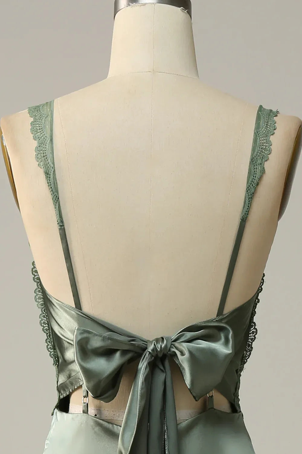 Sage‑Green Satin Lace‑Trim Spaghetti‑Strap Tie‑Back Mermaid Bridesmaid Dresses