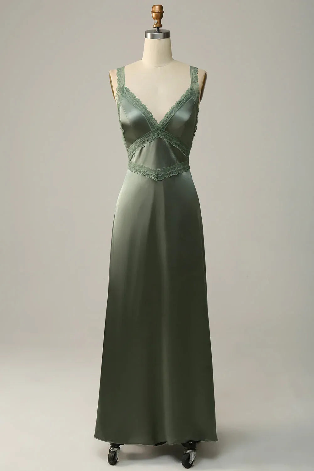 Sage‑Green Satin Lace‑Trim Spaghetti‑Strap Tie‑Bow‑Back Mermaid Bridesmaid Dresses