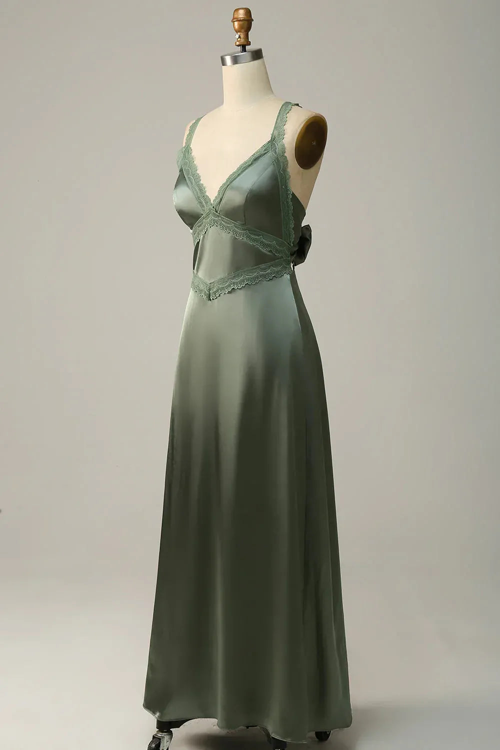 Sage‑Green Satin Lace‑Trim Spaghetti‑Strap Tie‑Bow‑Back Mermaid Bridesmaid Dresses