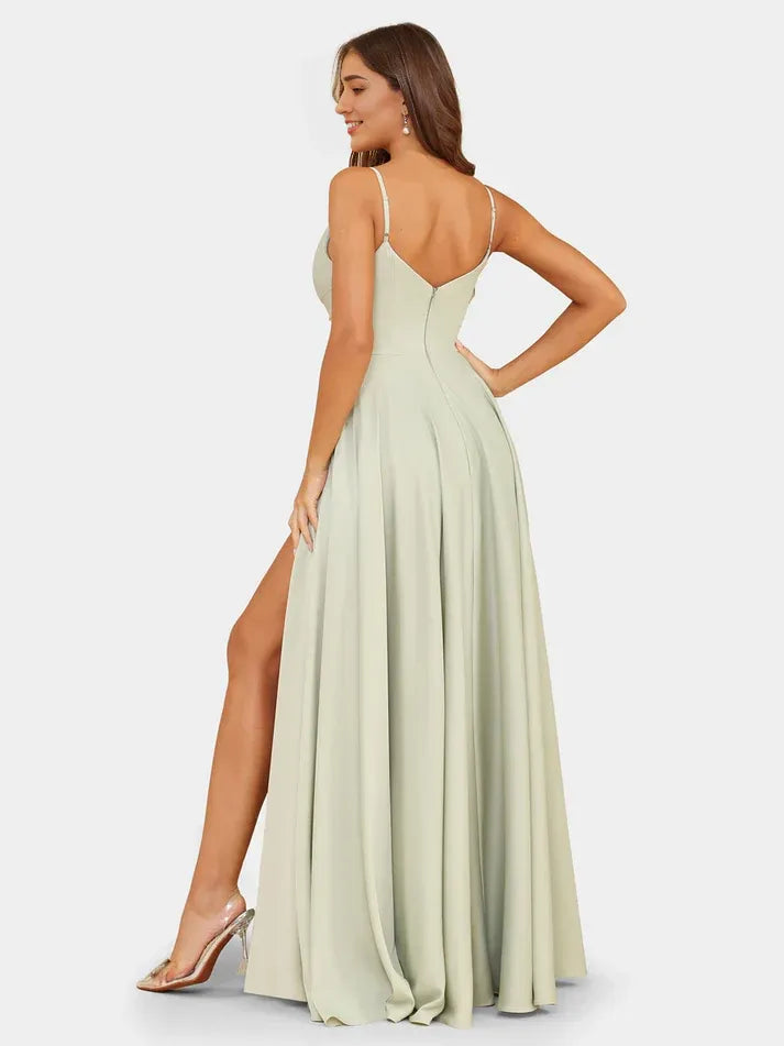 Sage‑Green Satin Spaghetti‑Strap Cross‑Pleated Pocketed High‑Slit A‑Line Bridesmaid Dresses