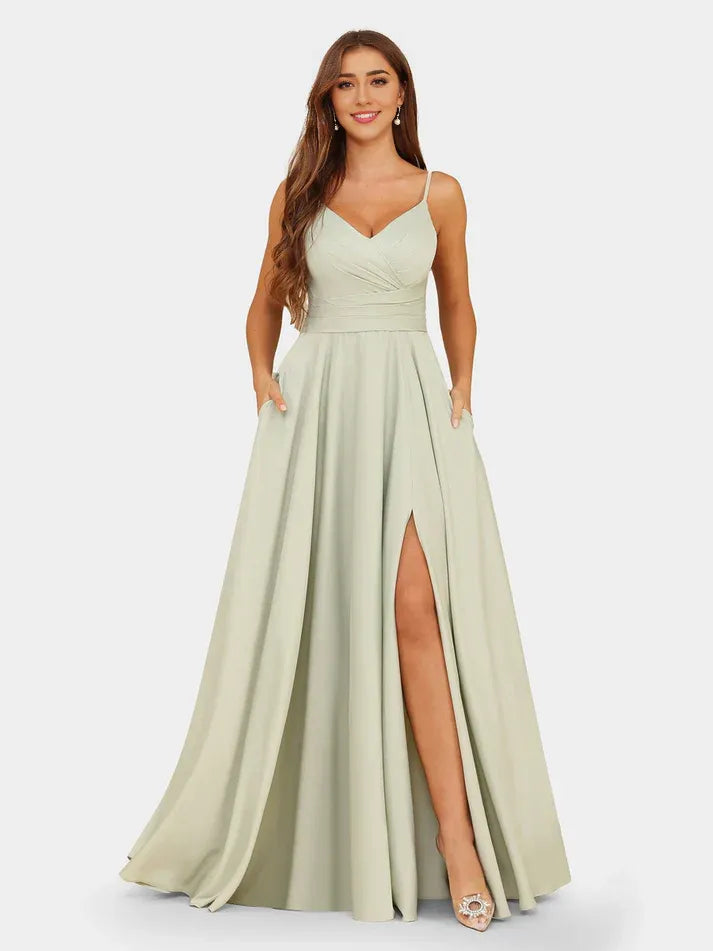 Sage‑Green Satin Spaghetti‑Strap Cross‑Pleated Pocketed High‑Slit A‑Line Bridesmaid Dresses