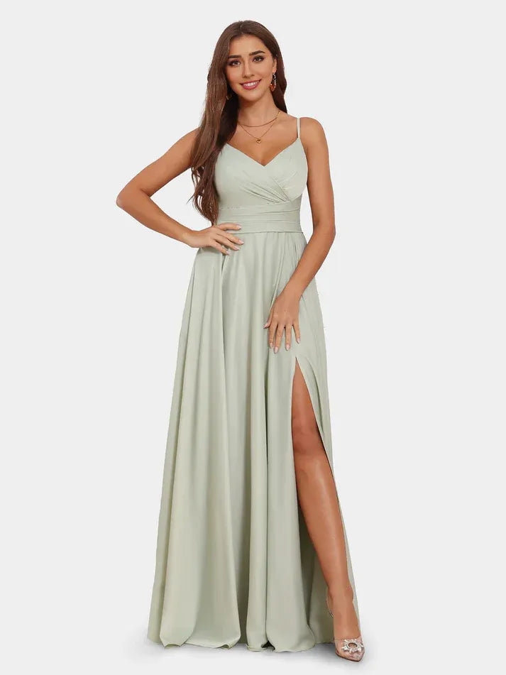 Sage‑Green Satin Spaghetti‑Strap Cross‑Pleated Pocketed High‑Slit A‑Line Bridesmaid Dresses