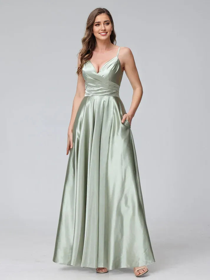 Sage‑Green Satin Spaghetti‑Strap Cross‑Wrap Pocketed Lace‑Up A‑Line Bridesmaid Dresses