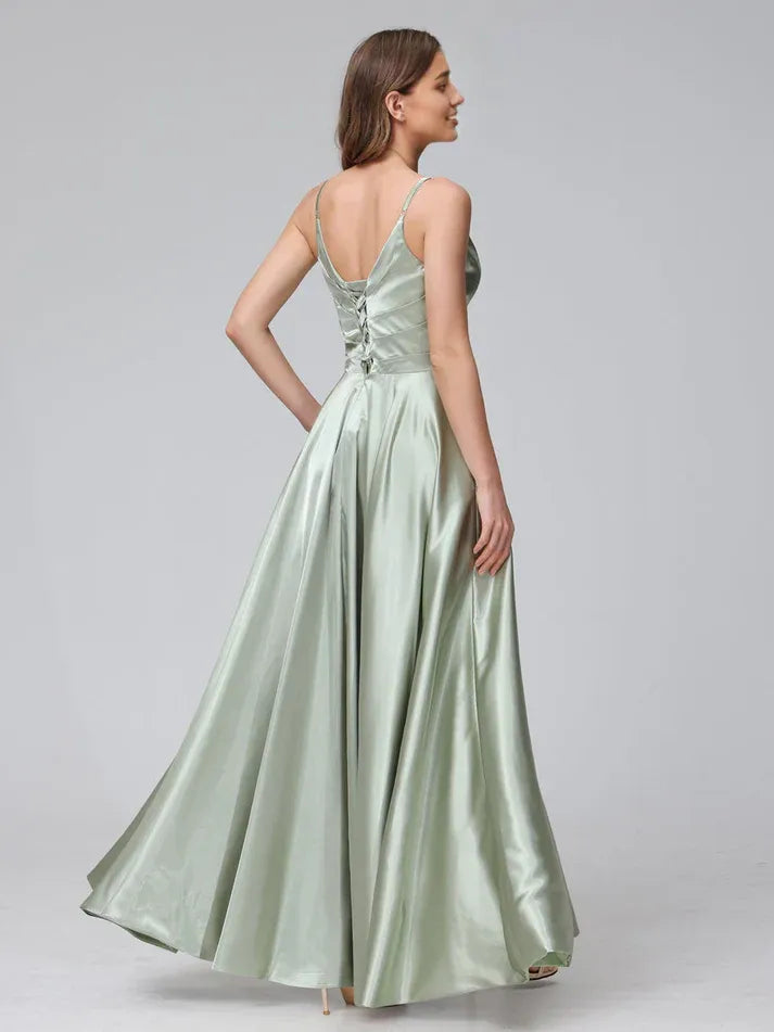 Sage‑Green Satin Spaghetti‑Strap Cross‑Wrap Pocketed Lace‑Up A‑Line Bridesmaid Dresses
