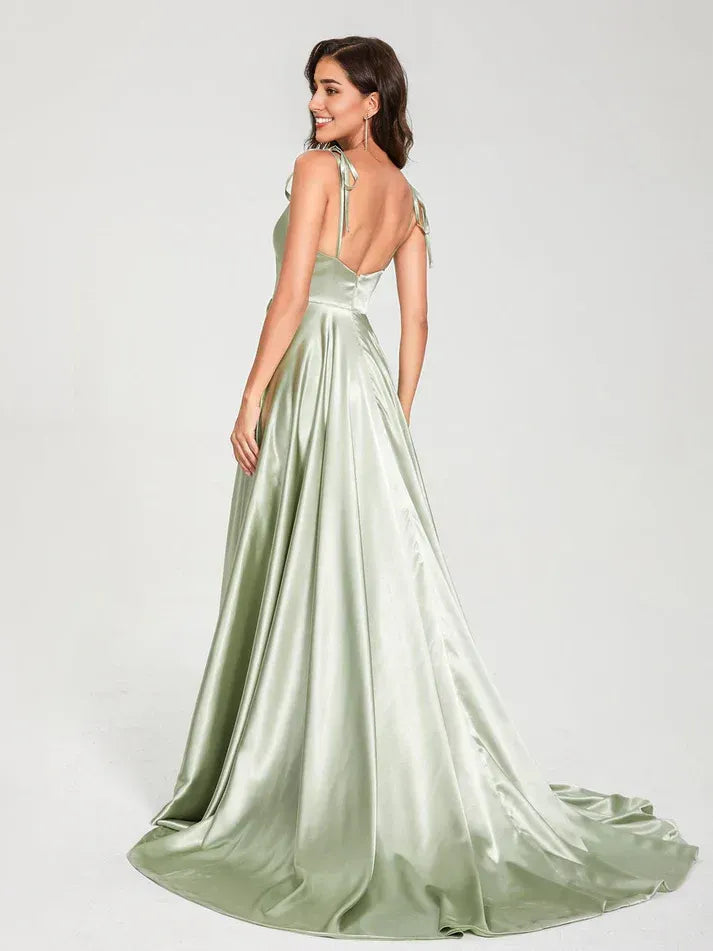 Sage‑Green Satin Tie‑Spaghetti‑Strap Cowl‑Neck High‑Slit A‑Line Bridesmaid Dresses